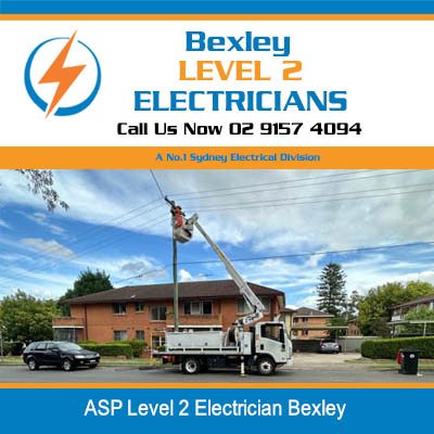 ASP Level 2 electrician servicing power lines in Bexley residential area with elevated work platform truck